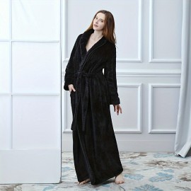 1pc Soft Coral Velvet Thickened Flannel Long Sleeve Bathrobe - Plush Long Robe for Home, Bathroom, Loungewear - Soft, Cozy, Warm, and Comfortable
