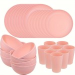 32pcs Pink Wheat Straw Dinnerware Sets, Pink Dishes for 8, Plates and Bowls Sets, Reusable Plastic Plates, Microwave Dishwasher Safe Plates, Pink Plastic Dinnerware Set, Pink Plastic Plates