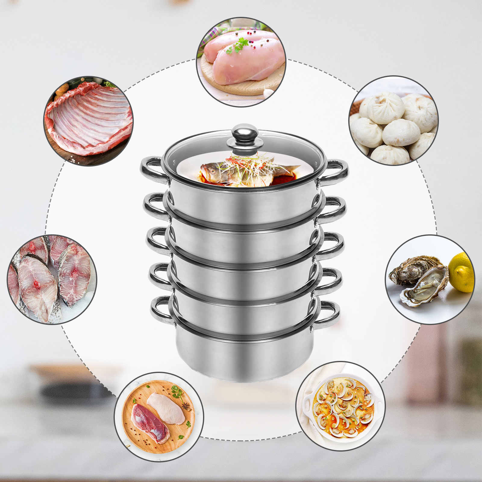 5 tier 26cm stainless steel steamer cooker kitchen food cooking glass lid details 0