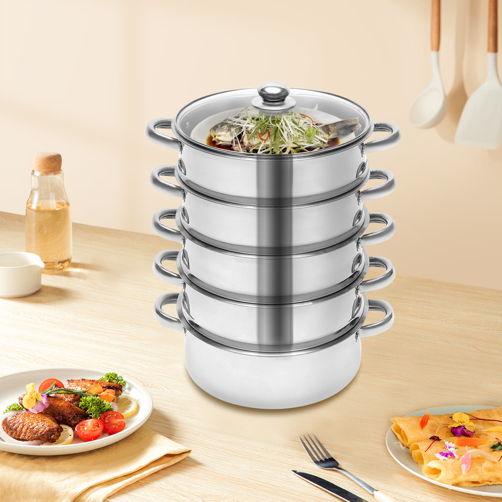 5 tier 26cm stainless steel steamer cooker kitchen food cooking glass lid details 1