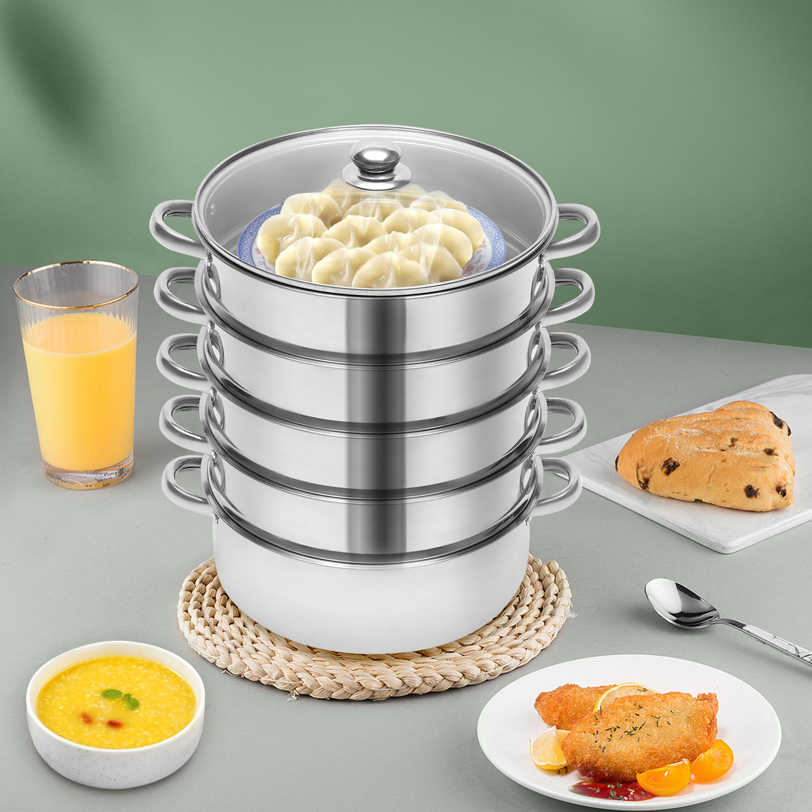 5 tier 26cm stainless steel steamer cooker kitchen food cooking glass lid details 2