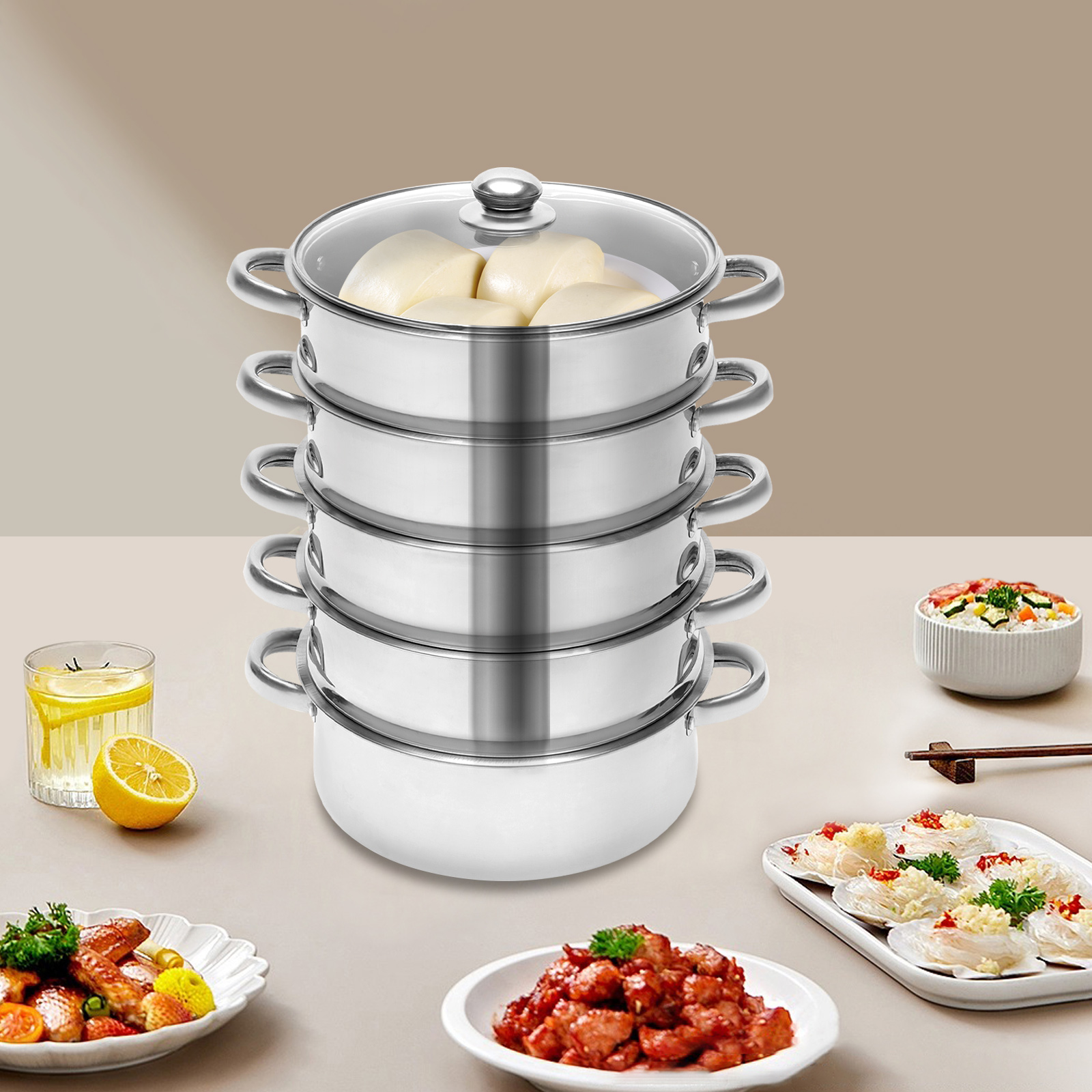 5 tier 26cm stainless steel steamer cooker kitchen food cooking glass lid details 3