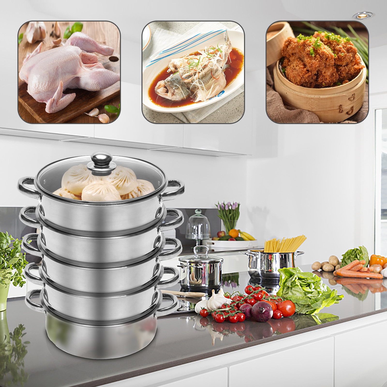 5 tier 26cm stainless steel steamer cooker kitchen food cooking glass lid details 4