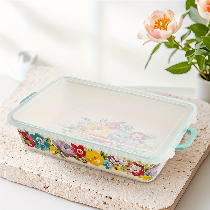 9 x 13inch covered ceramic pan floral design built in handle covered ceramic pan set drop and crack proof ceramic pan microwave oven dishwasher oven refrigerator and refrigerator white details 2