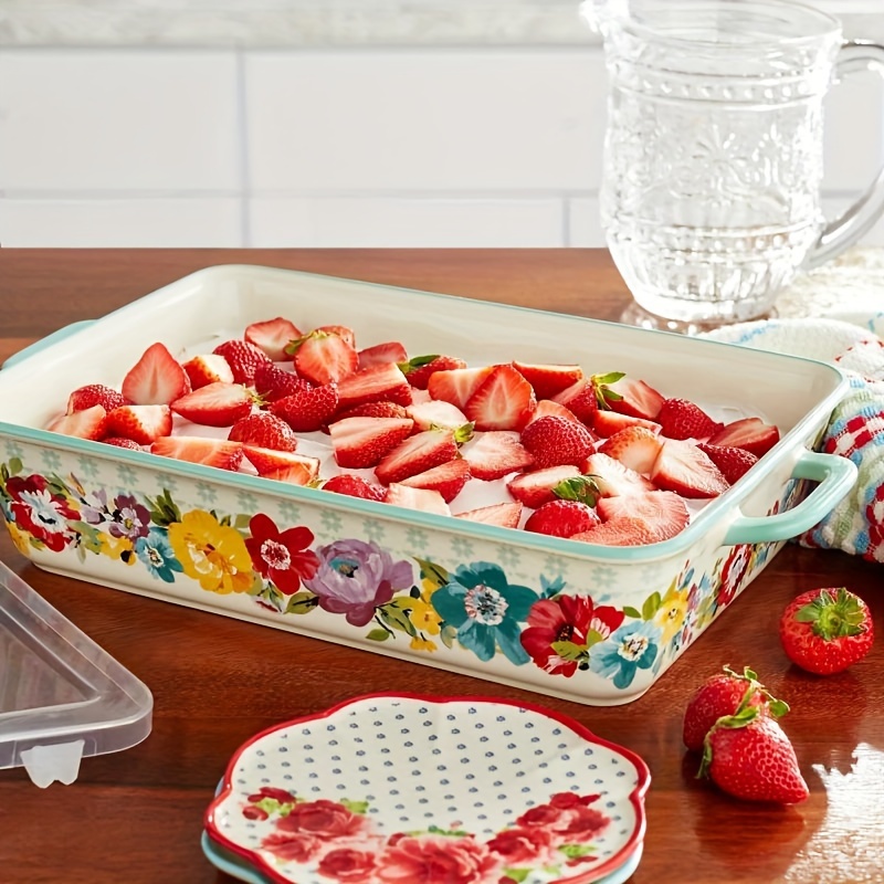 9 x 13inch covered ceramic pan floral design built in handle covered ceramic pan set drop and crack proof ceramic pan microwave oven dishwasher oven refrigerator and refrigerator white details 4
