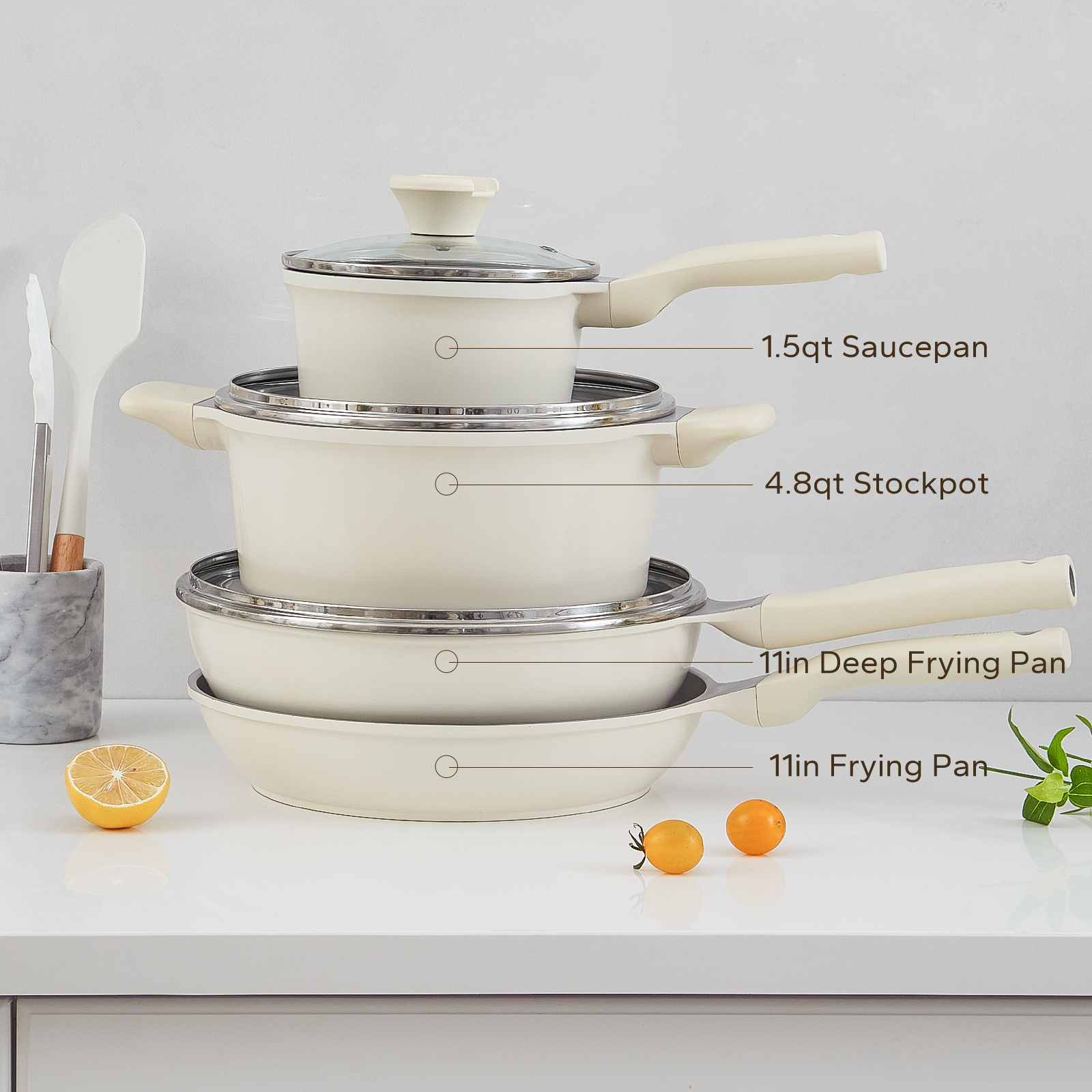 7 piece ceramic cookware set non stick non toxic pfas pfoa ptfe free healthy cream pots and pans details 3