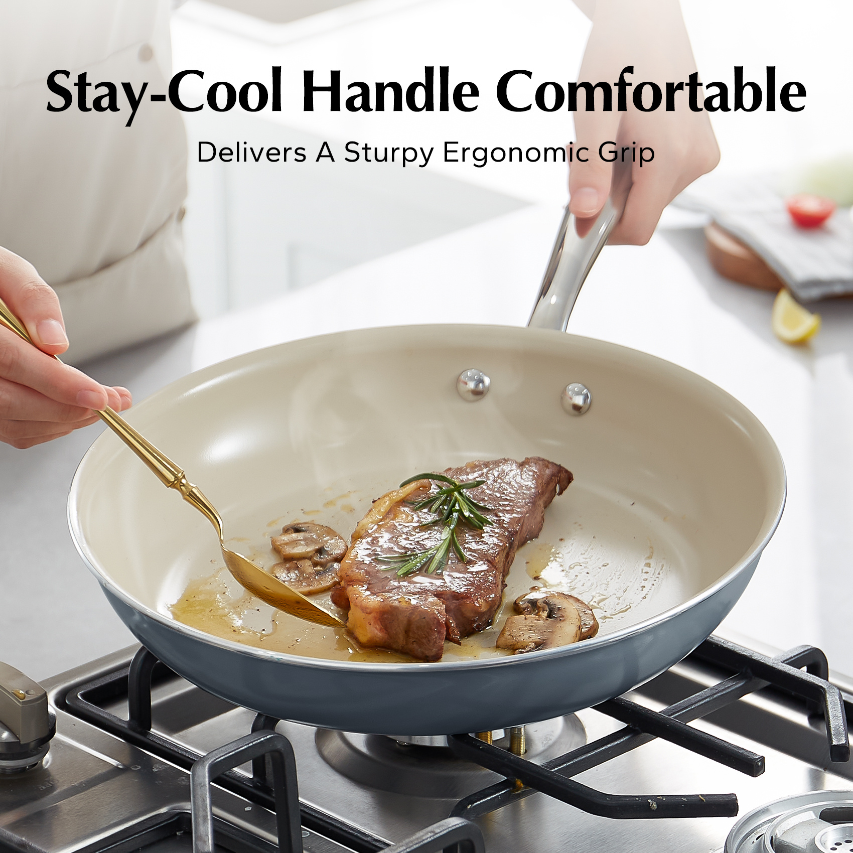 non stick ceramic frying pan set non toxic ceramic pans for cooking 8 9 5 11 skillet set no pfas ptfe pfoa with stainless steel handle dishwasher oven up to 842f blue details 2