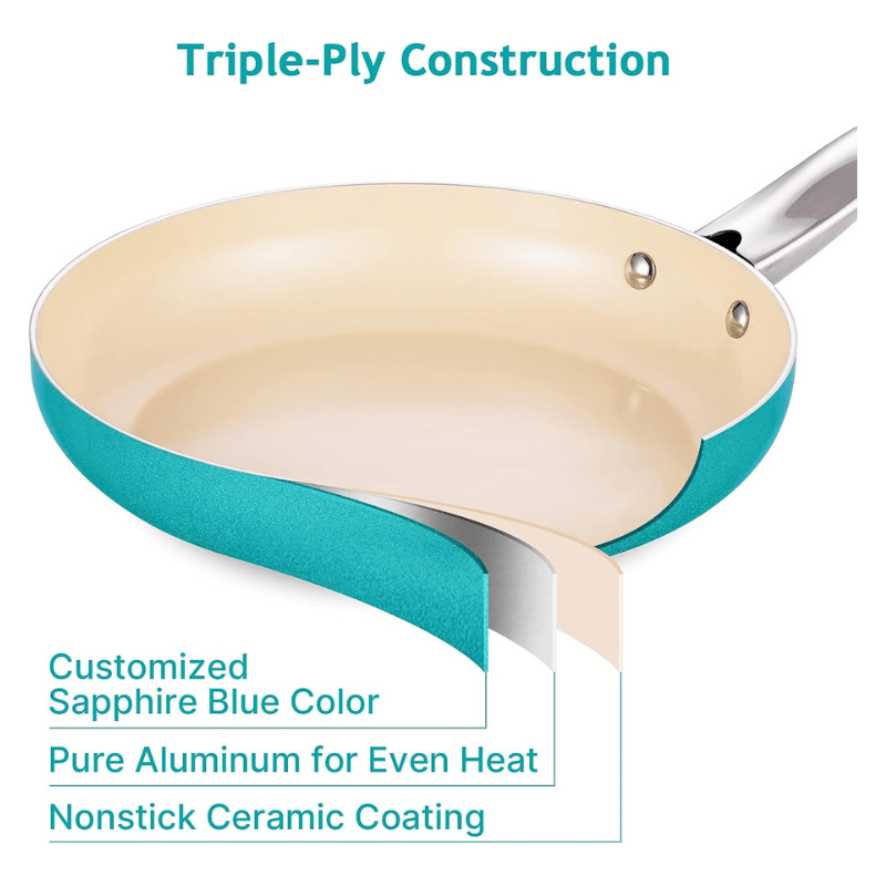 3 pack ceramic aluminum nonstick skillet frying pan in blue with stay 8in 10in 12in details 2