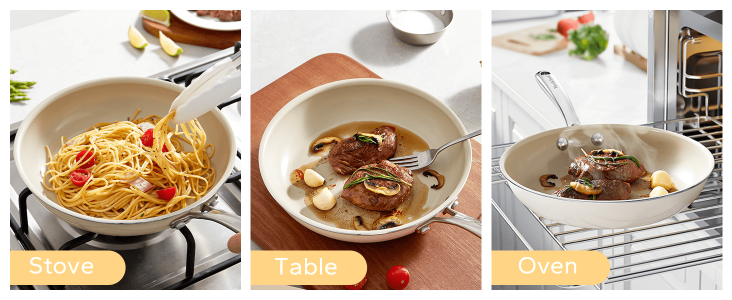 nonstick frying pans set ceramic pan skillet non toxic pans for cooking 8 9 5 11 ceramic frying pan set pfas ptfe pfoa free with stay dishwasher oven safe beige details 5