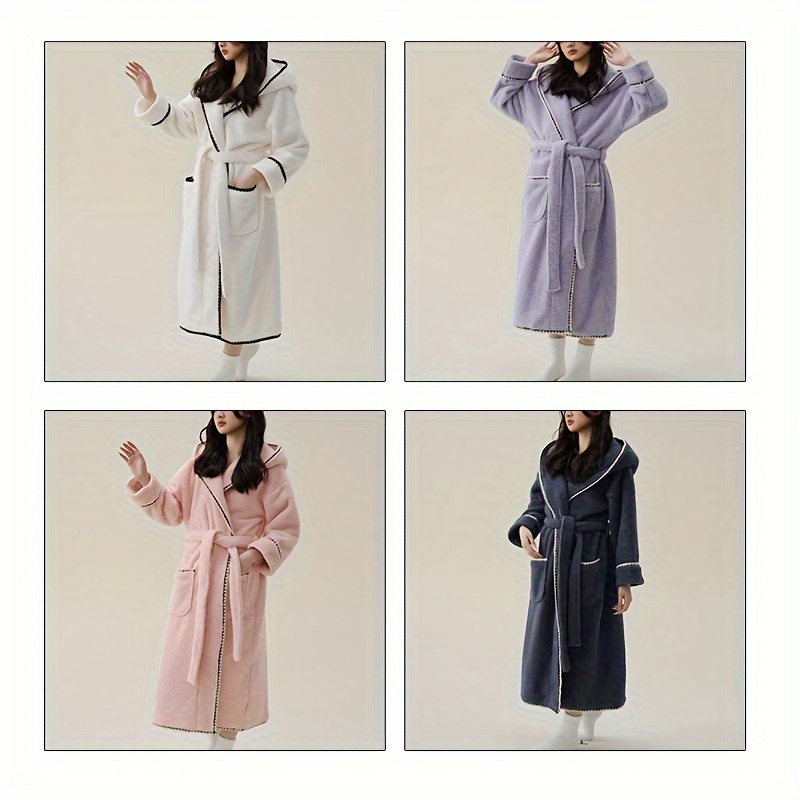 1pc coral fleece bathrobe thickened long sleeve long bathrobe soft couples pajamas nightgown long robe for autumn and winter bathroom supplies details 5