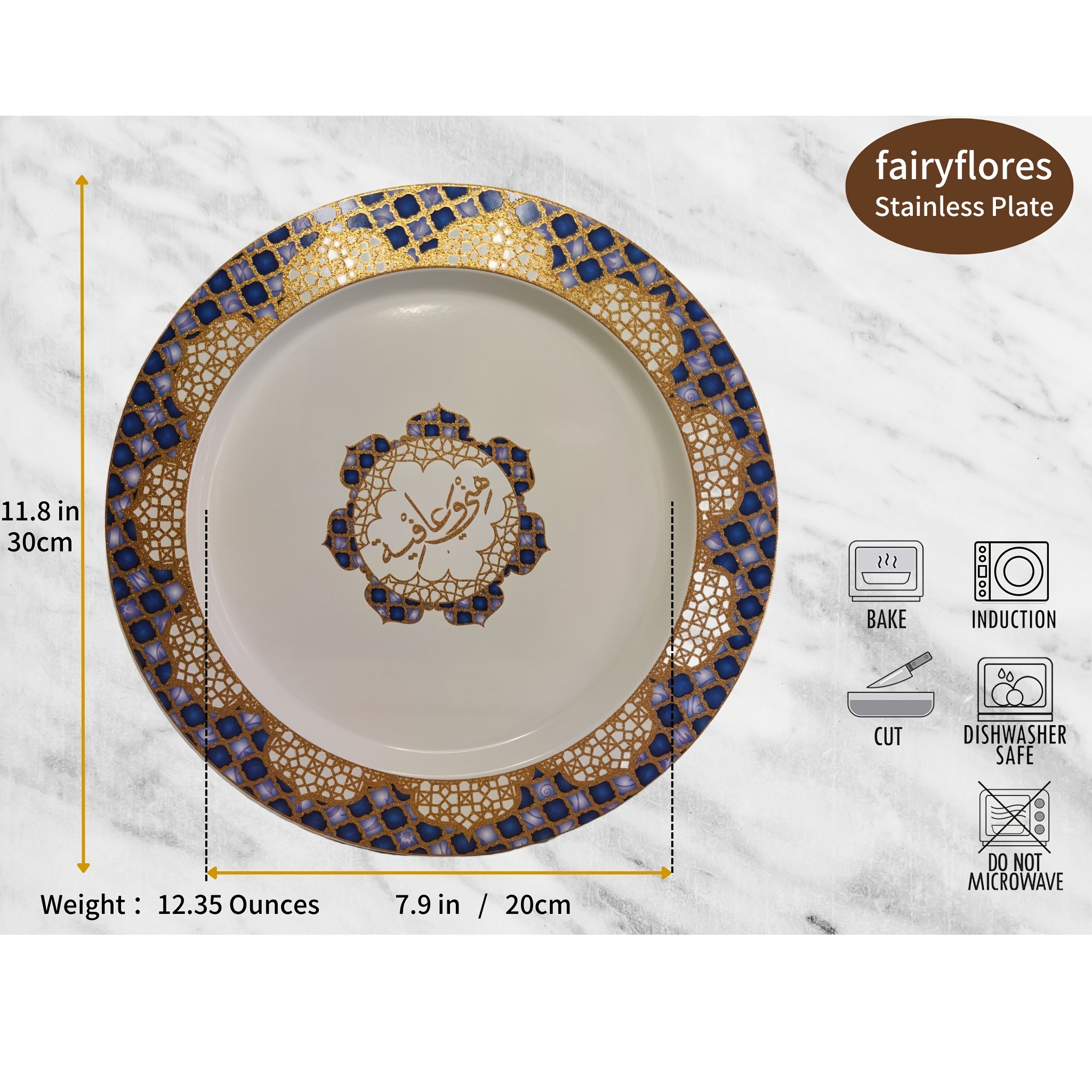 arabian floral plate stainless steel plates set of 3 11 8 inch handmade surface delicate yet unbreakable light reusable for dinner party camping eid restaurant details 0