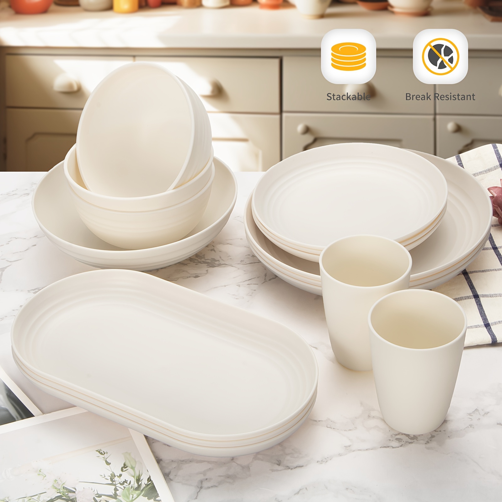 48 pcs kitchen wheat straw dinnerware set service for 8 plastic reuasble dinner dishes serving plate set for kitchen including dinner plate dessert plate bowl cup white details 0