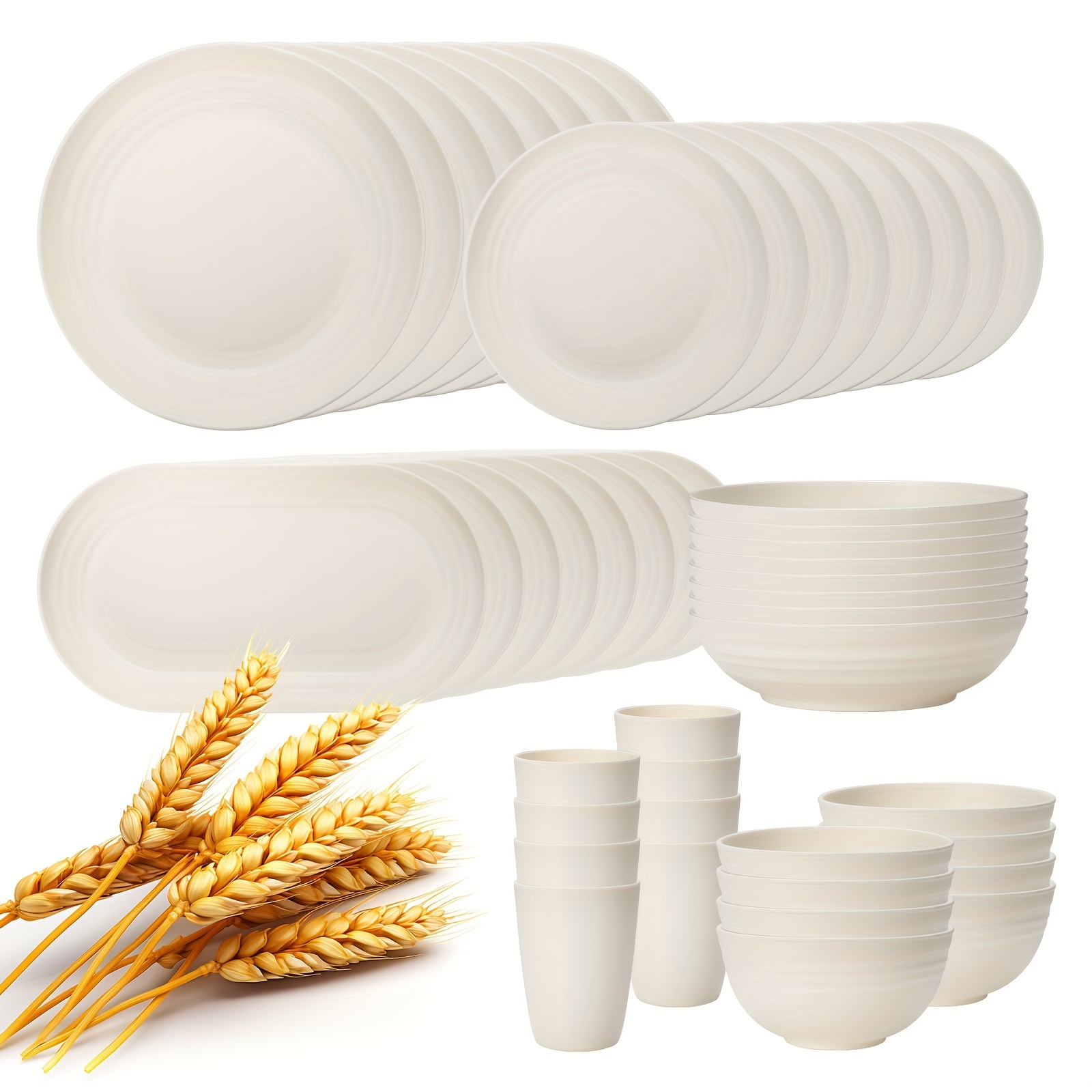 48 pcs kitchen wheat straw dinnerware set service for 8 plastic reuasble dinner dishes serving plate set for kitchen including dinner plate dessert plate bowl cup white details 1