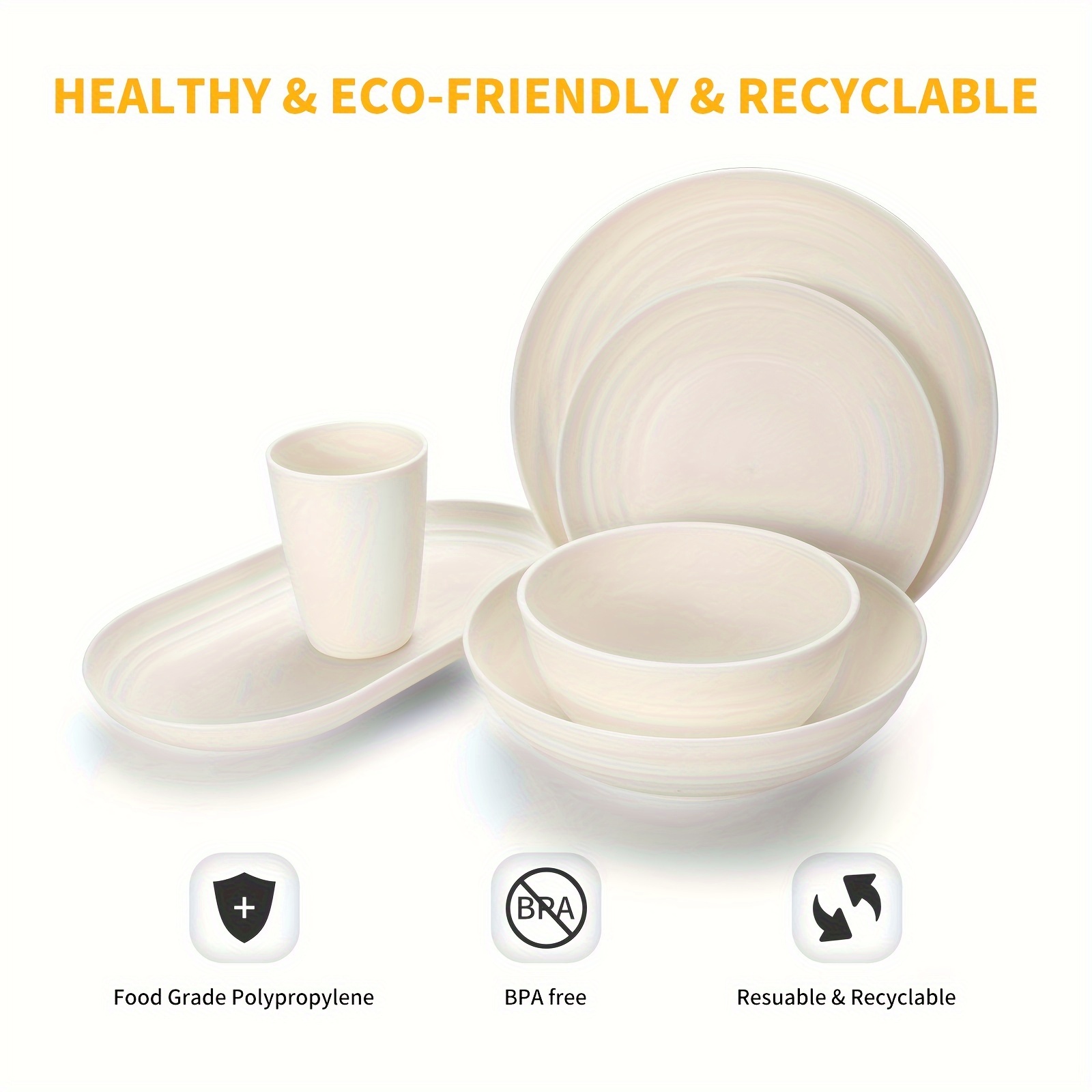 48 pcs kitchen wheat straw dinnerware set service for 8 plastic reuasble dinner dishes serving plate set for kitchen including dinner plate dessert plate bowl cup white details 2