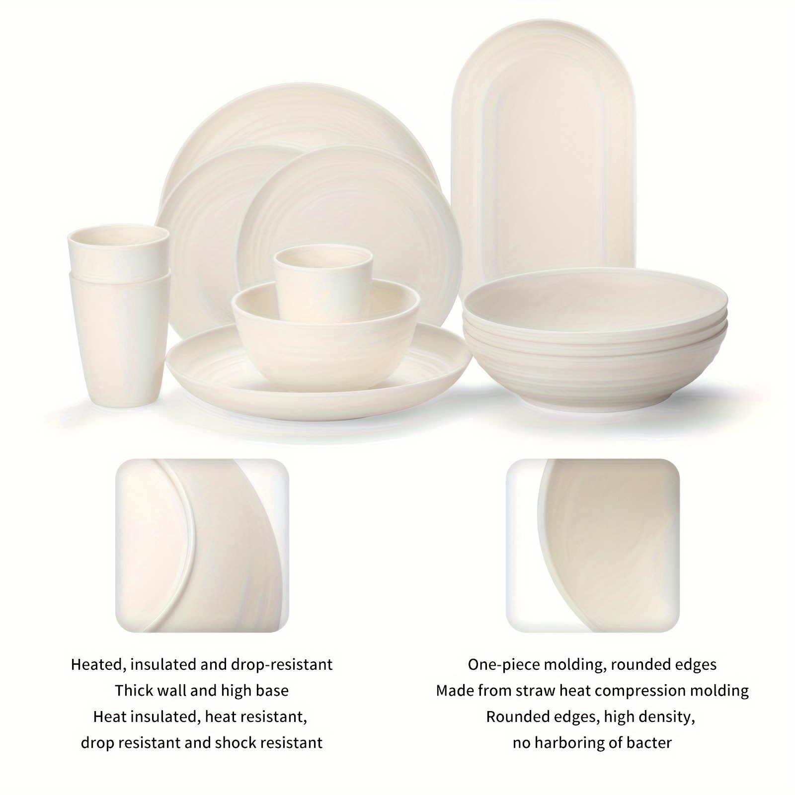48 pcs kitchen wheat straw dinnerware set service for 8 plastic reuasble dinner dishes serving plate set for kitchen including dinner plate dessert plate bowl cup white details 3