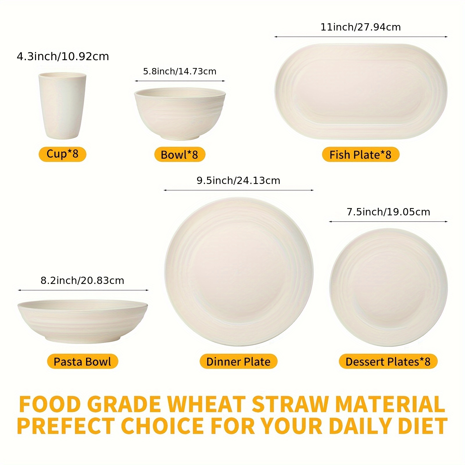 48 pcs kitchen wheat straw dinnerware set service for 8 plastic reuasble dinner dishes serving plate set for kitchen including dinner plate dessert plate bowl cup white details 5