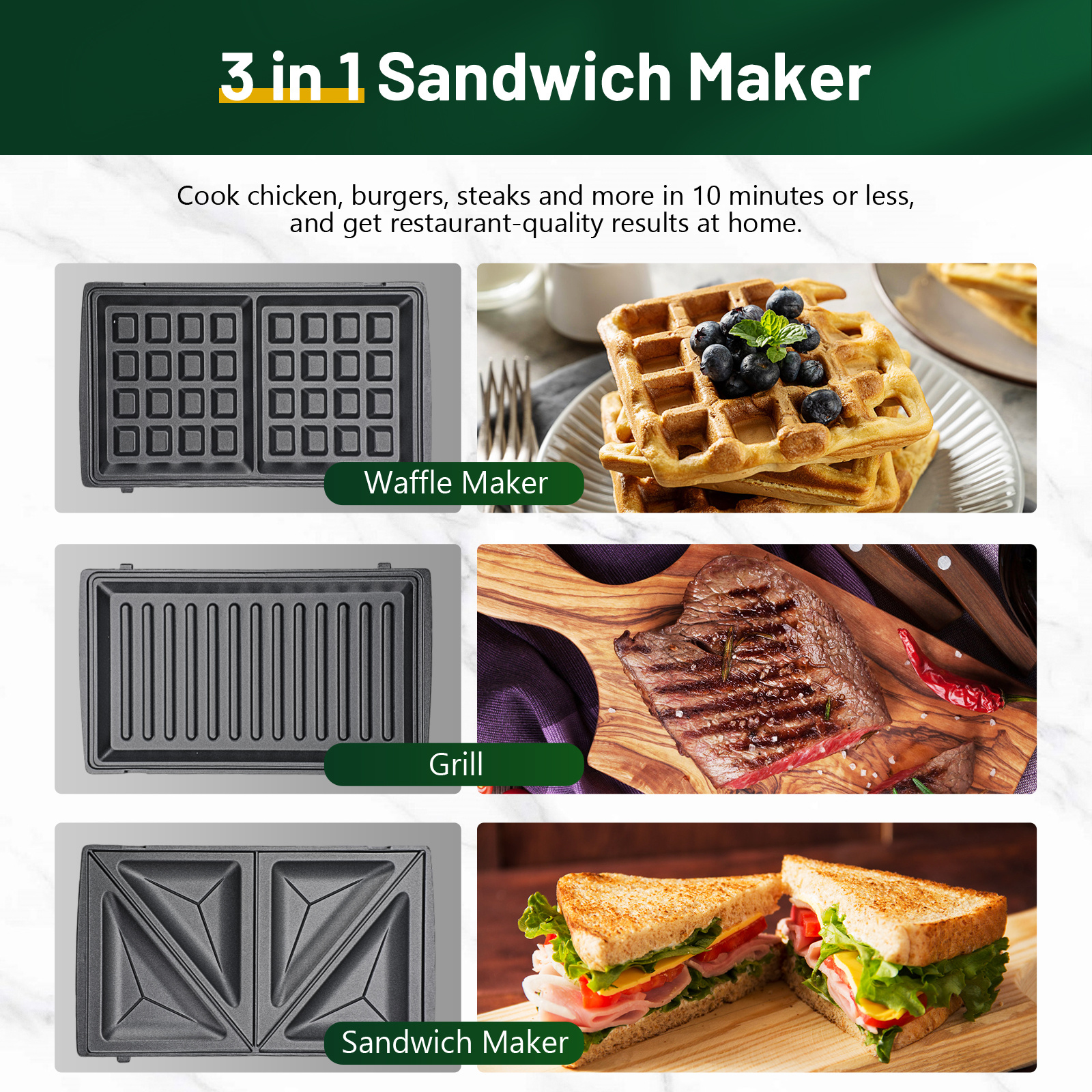 3 in 1 sandwich maker waffle maker with 3 removable non stick plates grill with dual sided heating easy clean and store 800 for cooking breakfast panini cheese and grill steak details 6